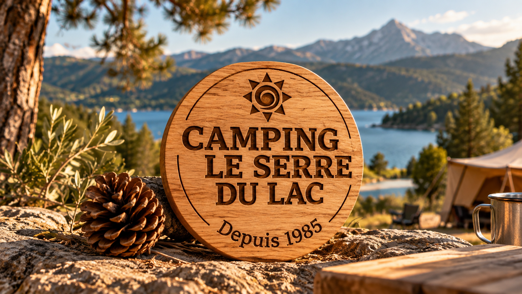Enseigne ronde en bois gravé du Camping Le Serre du Lac