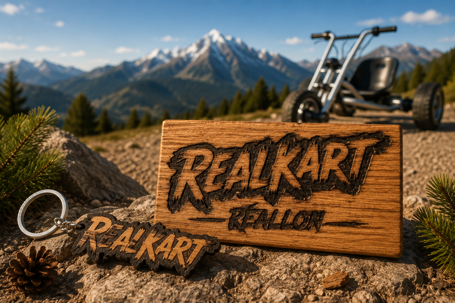 Plaque et porte-clé en bois gravés RealKart Réallon