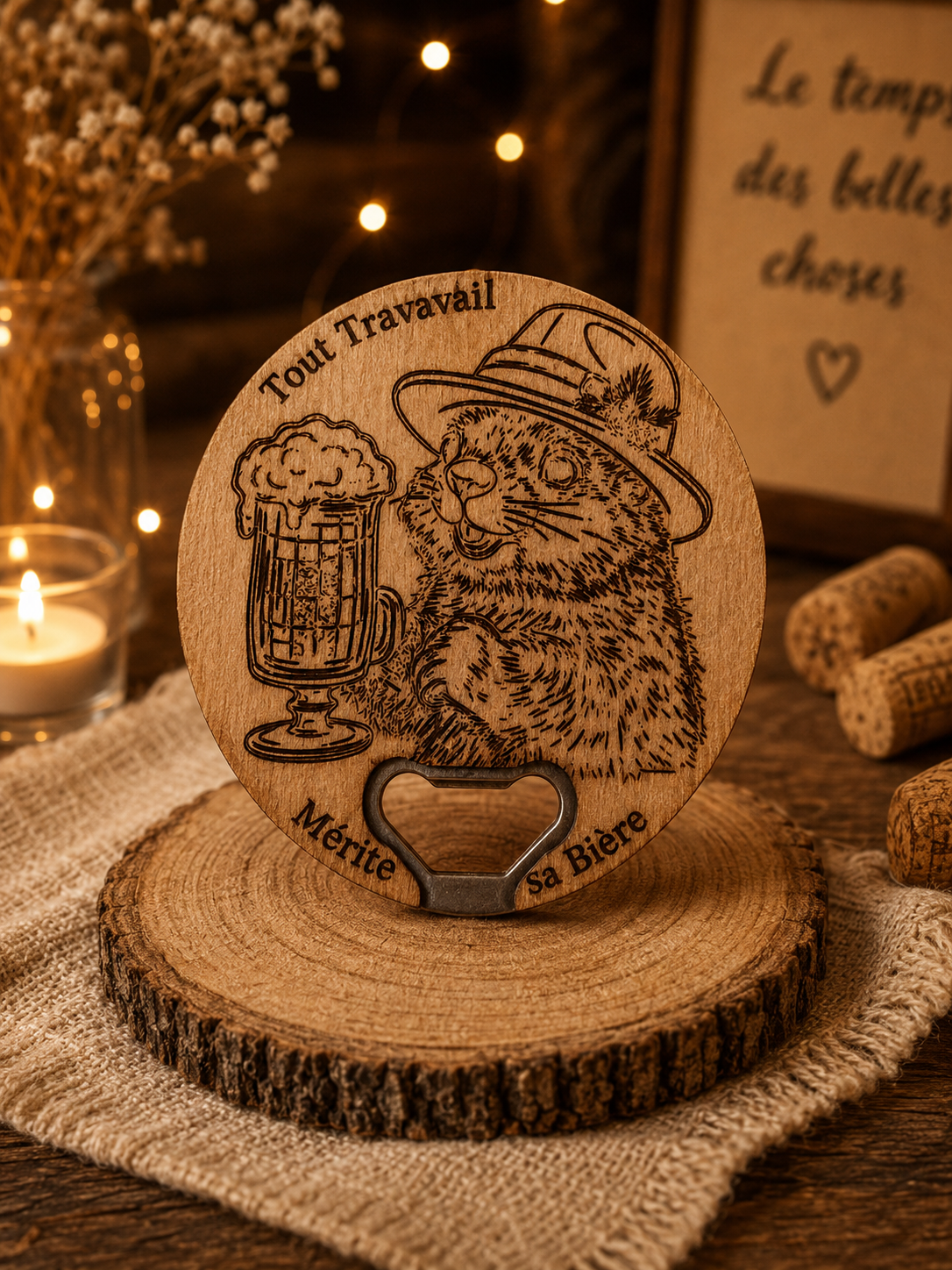 Décapsuleur mural en bois gravé d'une marmotte avec chapeau et bière, inscription Tout Travail Mérite sa Bière