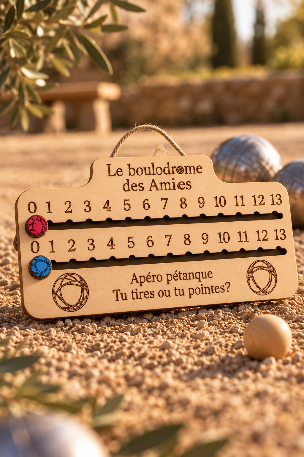 Compteur de points en bois gravé Le boulodrome des Amies avec curseurs rouge et bleu