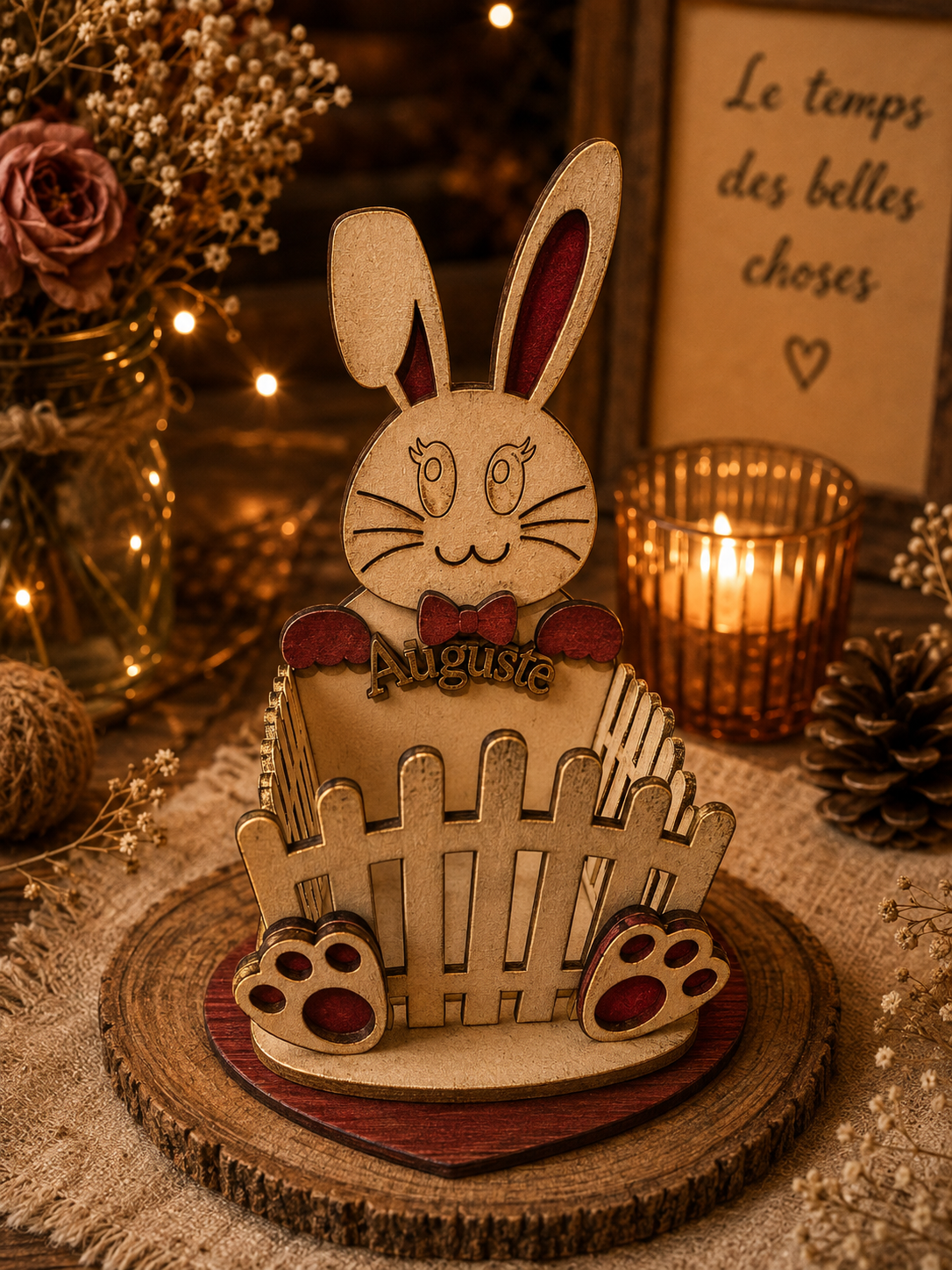 Corbeille de Pâques en bois découpé en forme de lapin gravée au prénom Auguste
