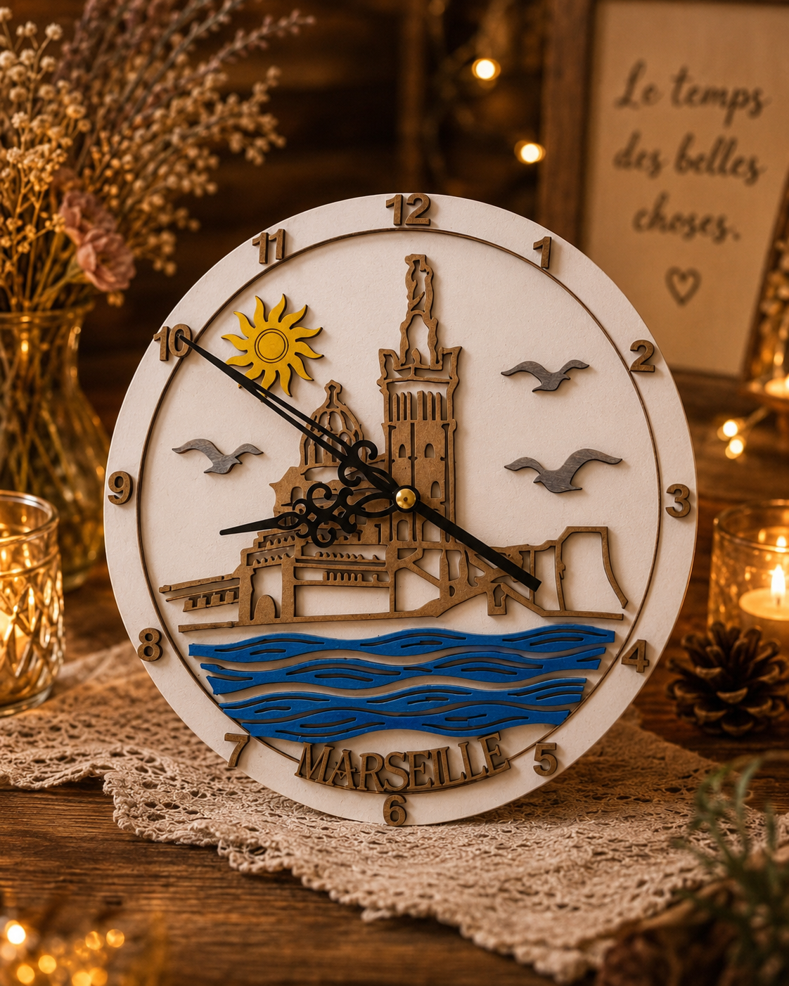 Horloge murale en bois représentant Notre-Dame de la Garde et la mer, avec l'inscription Marseille