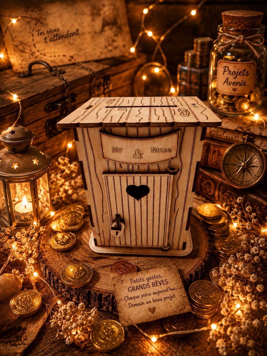 Tirelire en bois en forme de petite cabane gravée « Mr & Mme »