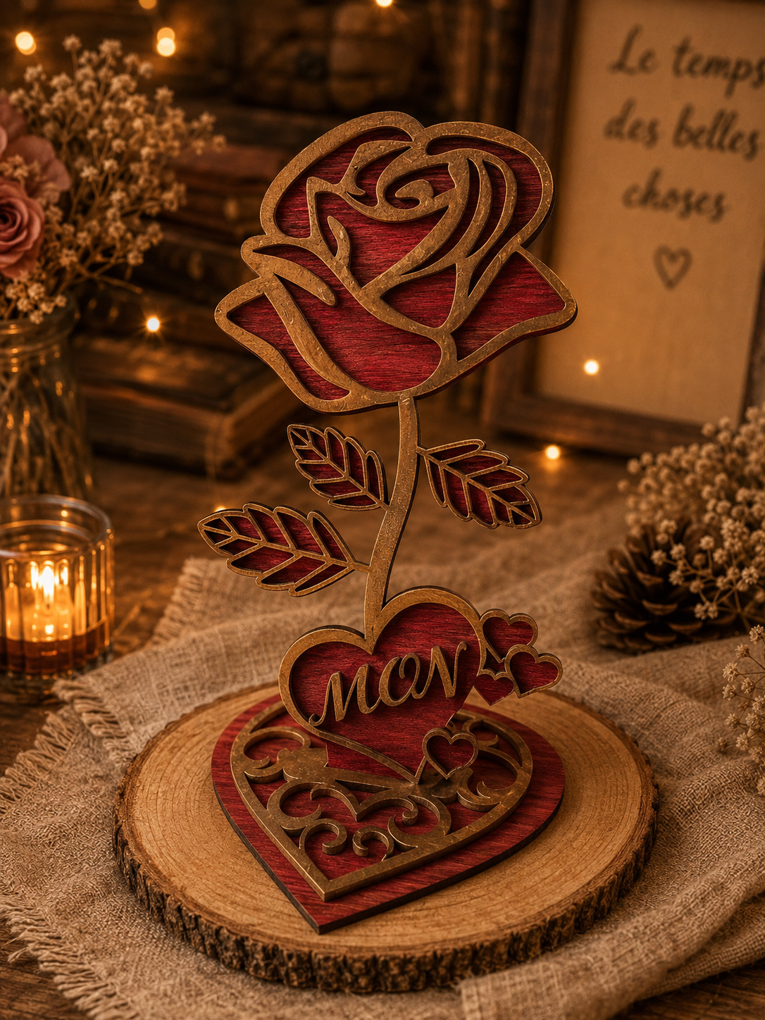 Rose en bois découpé rouge et doré posée sur un cœur gravé « Mon amour »